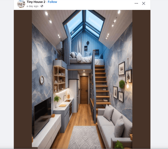 A tiny house from Facebook: a skinny blue room with a white couch on the right and a tv on the left. Stairs lead up to a loft with a bed, beneath skylights and over a small kitchen.